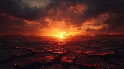 Fiery sunset over a cracked earth landscape. Dramatic colors and textures.