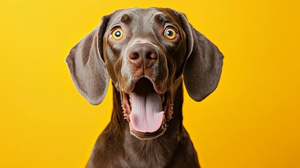 Surprised Doggo! This adorable brown dog's wide-eyed expression against a vibrant yellow background is sure to brighten your day!