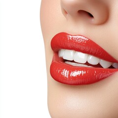 Obraz premium Close up of Woman's Lips with Red Glossy Lipstick and Bright White Teeth