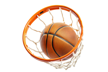 A basketball is in a net, with the net being orange. on transparent background.