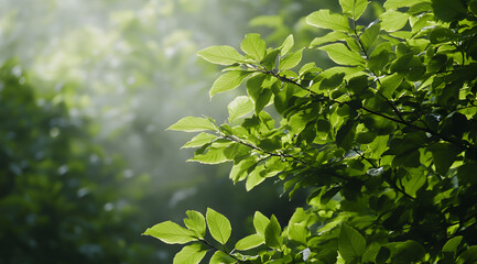 Obraz premium A close-up of vibrant green leaves glistening in soft light, surrounded by a misty atmosphere, evoking a serene, natural environment.