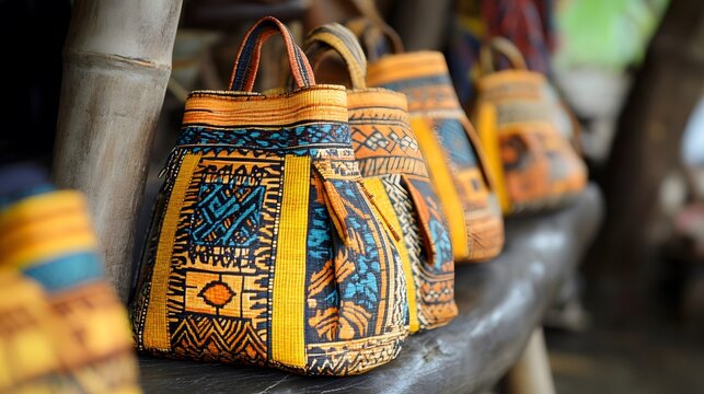76. School bag set from Tonga with traditional motifs and vibrant, cultural colors