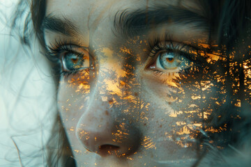 close-up of a person's eye with the reflection of lights and nature creating a multi-dimensional effect.