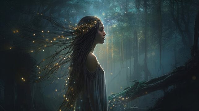 a magical scene with a female figure in the forest, her hair is decorated with luminous dots, creating an atmosphere of magic.
