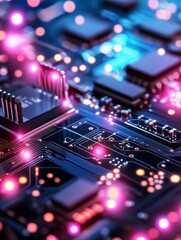 Fototapeta premium Futuristic Circuit Board with Neon Glow - A vibrant close-up of a circuit board featuring glowing nodes and intricate connections, symbolizing technology, innovation, connectivity, and digital advance