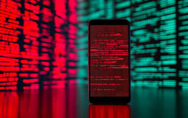 A smartphone displaying code with a vibrant red and green digital background.