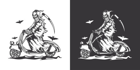 Death on a Scooter. Halloween Poster. Original vector illustration in vintage style. T-shirt design.
