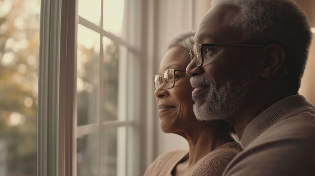 A happy senior couple gazing out of the window in their home, with natural light streaming through the windows and creating an atmosphere filled with warmth and love - Powered by Adobe