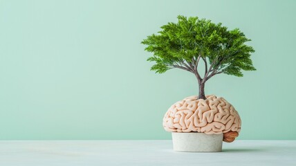 A surreal image of a brain-shaped planter with a small green tree, symbolizing growth, knowledge, and creativity against a soft green background.