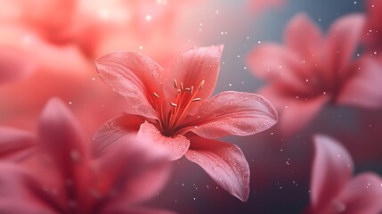 Delicate pink lily in bloom, glistening with morning dew. Soft, dreamy aesthetic.