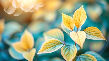 Fototapeta premium A close-up of vibrant, golden leaves with a soft-focus background creates a serene atmosphere, perfect for nature-themed projects, wellness blogs, or designs emphasizing growth and tranquility,