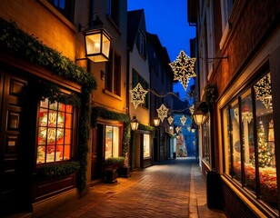 Fototapeta premium Charming Street with Holiday Lights and Decorations