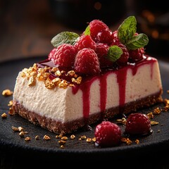 a delicious rich white chocolate and raspberry cheesecake with a delicate raspberry coulis drizzle...