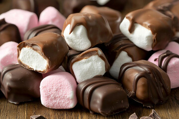 Chocolate and marshmallow treats arranged on a wooden surface