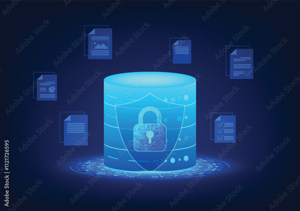 Poster server technology with lock and shield on the front, showing cyber security. there is a document she