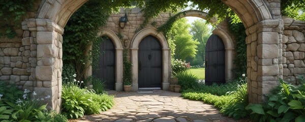 Entrance to a garden with an arched stone doorway and foliage, stone doorframe, verdant