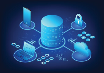 Server technology, connected to the cloud, with notebooks and mobile phones, conveys data processing, online storage and IoT operations, suitable for digital businesses.