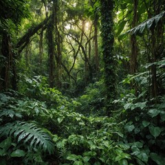 Fototapeta premium A thick jungle alive with vibrant green foliage and vines.