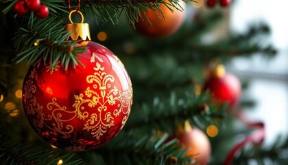 Fototapeta premium Classic Red Christmas Decoration on Evergreen