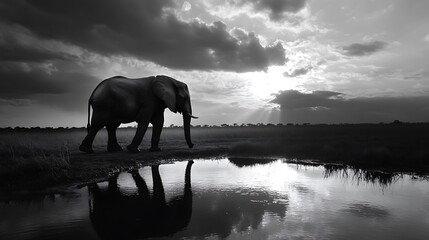 Solitary elephant silhouetted against a dramatic sunset sky, reflected in tranquil water.