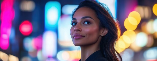 Confident woman illuminated by city lights.