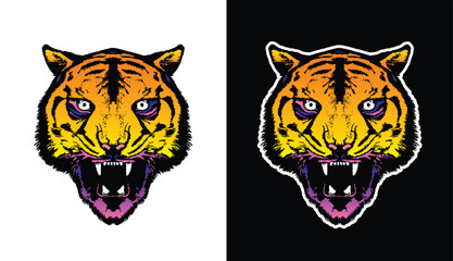 Evil tiger head. Original vector illustration in vintage style. T-shirt design.
