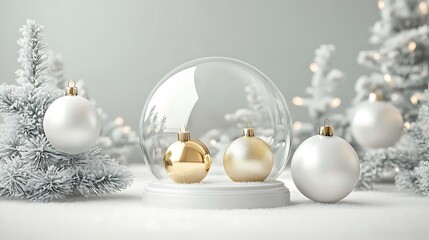 Elegant gold and white ornaments nestled in a snow globe, surrounded by frosted trees. Festive winter scene.