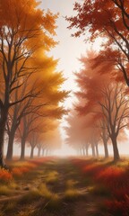 Obraz premium Fog rolls in over a field of golden and crimson trees, natural scenery, fall colors, autumn foliage