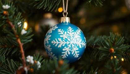 Beautiful Blue Holiday Ornament on Evergreen