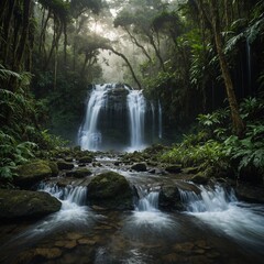 Obraz premium A series of waterfalls cascading through a rainforest.