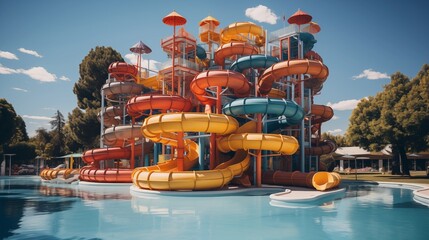 Obraz premium A variety of vibrant water toys make a splash at the aquapark, great for summer adventures.