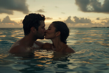 Couple shares a romantic kiss in the ocean at sunset
