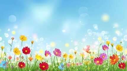 Vibrant wildflowers bloom under a bright spring sky.