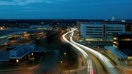 Obraz premium A nighttime cityscape featuring illuminated traffic and modern buildings along a winding road.