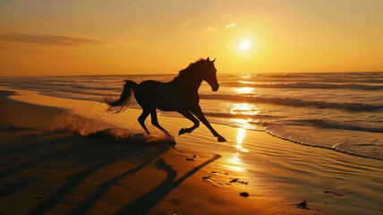 Silhouette of a horse running along the sandy beach at sunset. A beautiful horse runs along the ocean coast.