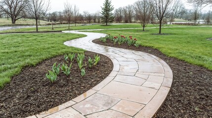 Obraz premium Scenic garden pathway with blooming tulips and fresh grass, rainy day, tranquil atmosphere, romance, relationships, street, rain, ecology, psychology, copy space