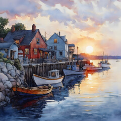 Fototapeta premium coastal village with boats in the harbor