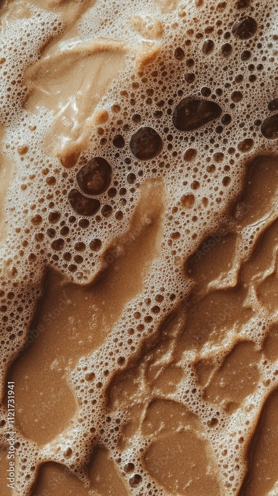 Poster intricate patterns emerge from smooth brown mocha sand as gentle bubbles rise, capturing a moment of