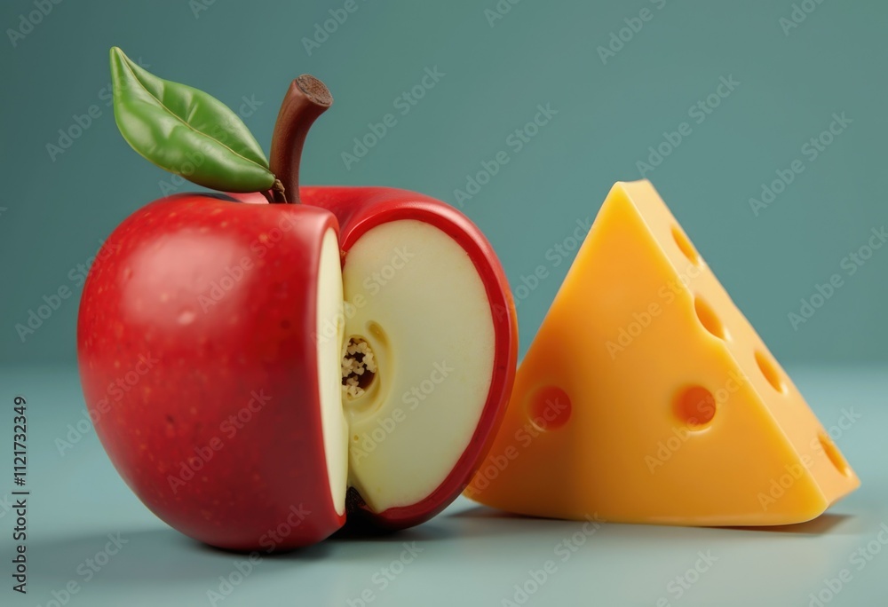 Poster a red apple cut in half next to a slice of yellow cheese.