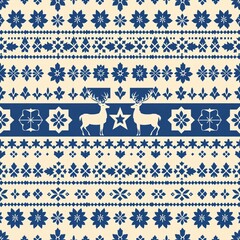 Seamless pattern in Nordic or Scandinavian style, made of geometric shapes in blue and cream color scheme, two stylized deer, rows of geometric patterns, repeating and harmonious design.