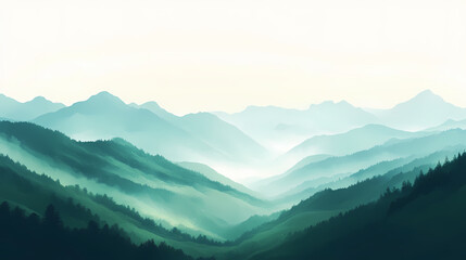 Obraz premium Abstract magical misty landscape, green hills, forest, and distant mountains, clear bright sky, representing abundance and longevity. Arcadia. Illustration