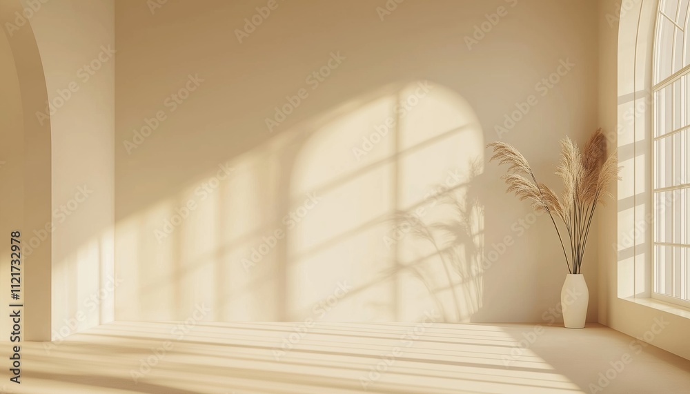 Poster elegant product showcase: minimalist layout in an empty beige room with soft shadows from a window, 