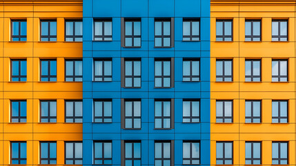 Fototapeta premium A vibrant building façade featuring alternating blue and orange colors with symmetrical window arrangements, creating a striking visual contrast.