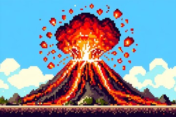 Vivid Pixel Art Eruption – Closeup View of a Volcano Exploding in Cartoon Style