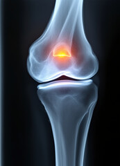 A medical x-ray image showing a fractured leg bone with a metal rod or implant inserted to stabilize the break