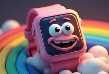 Fototapeta premium A pink smartwatch with a cartoon face smiles brightly on a rainbow and clouds.