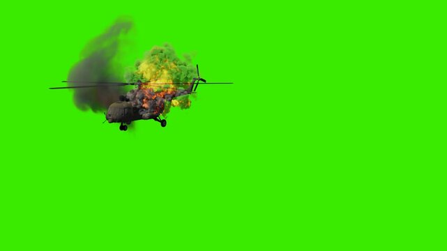 Green screen helicopter crash or huge explosion. Total three type of fire like missile explosion helicopter fire and smoke and at last very large explosion