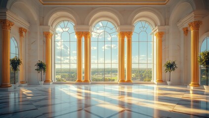 Obraz premium Grand Hall With Golden Pillars and a View