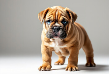 Obraz premium A young brown bulldog puppy with a wrinkly face and short fur, standing on a white background