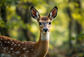 Fototapeta premium A young deer with brown fur and large ears standing in a forest with green trees in the background